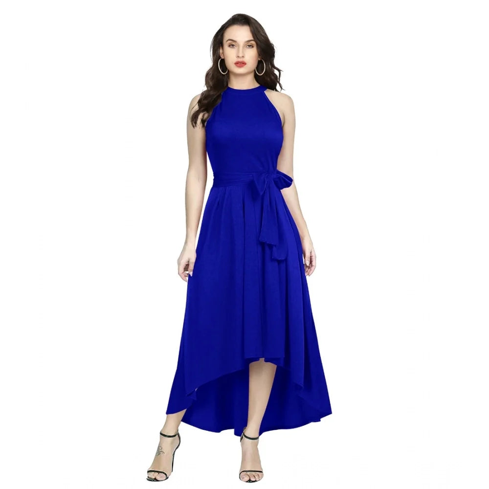 Women's Blue Polyster Solid Halter Neck Sleeveless Dress