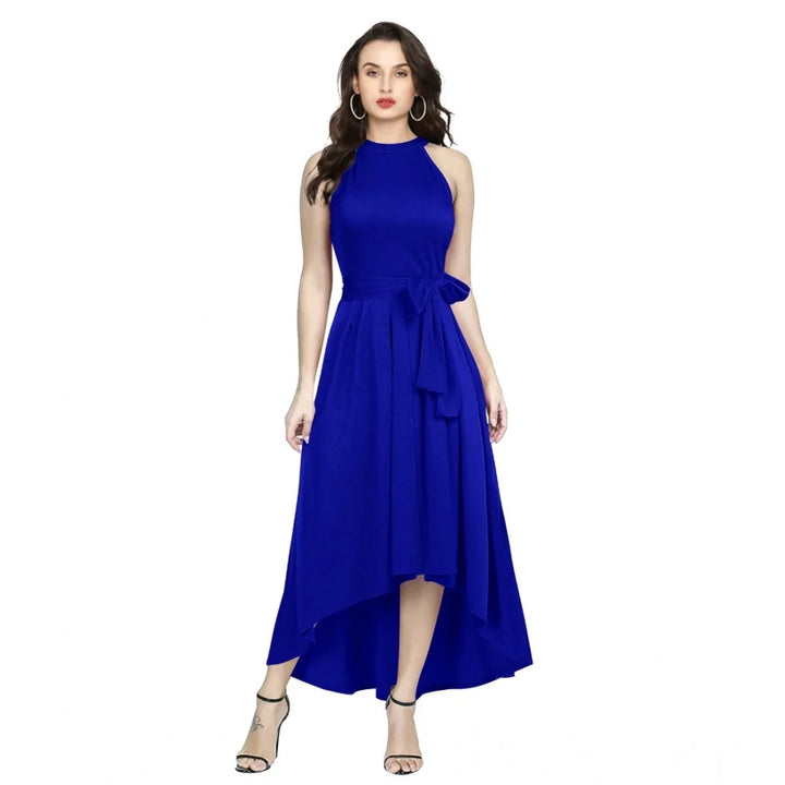 Women's Blue Polyster Solid Halter Neck Sleeveless Dress