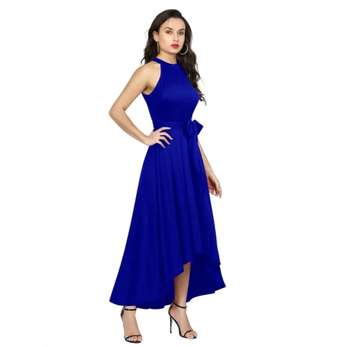 Women's Blue Polyster Solid Halter Neck Sleeveless Dress