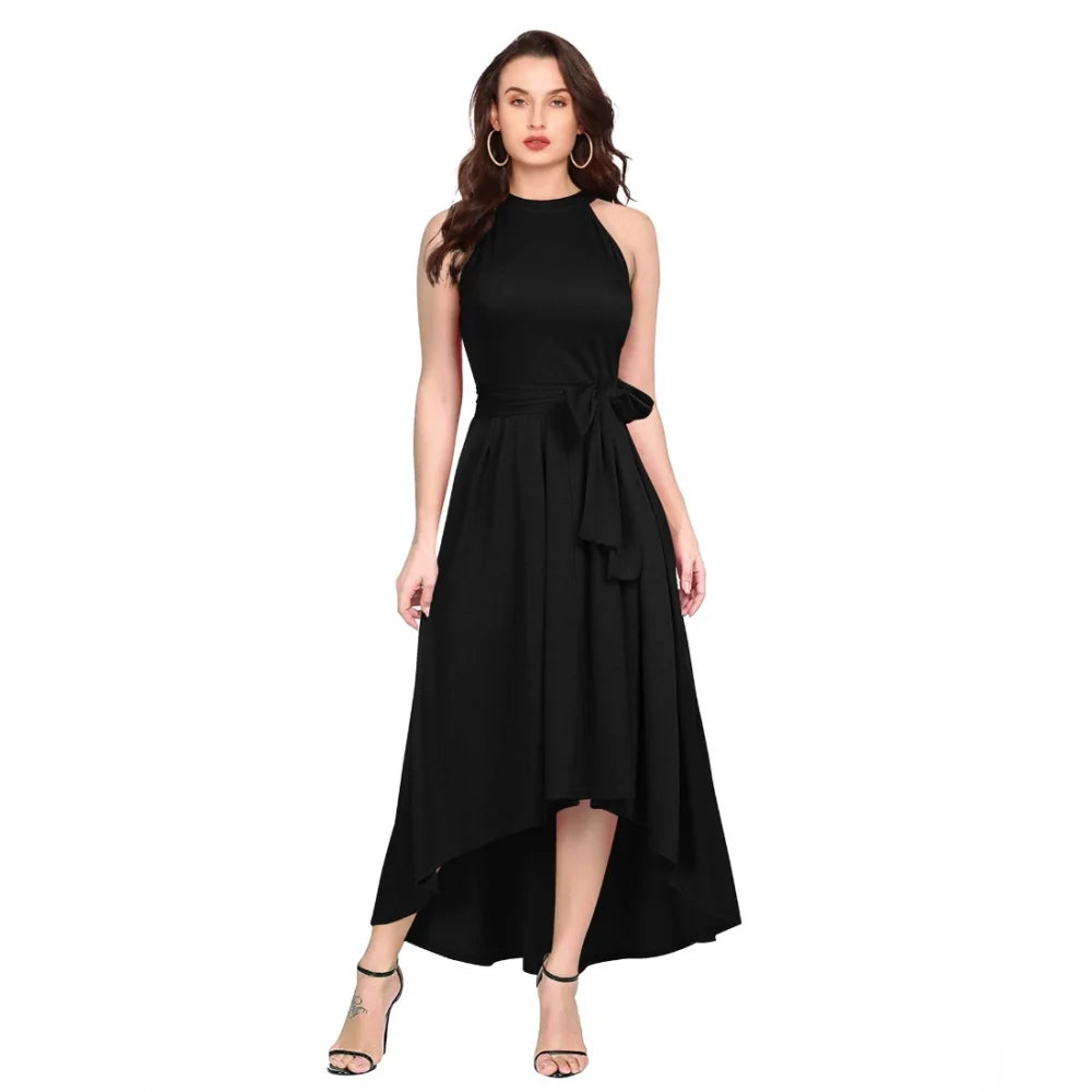 Women's Black Polyster Solid Halter Neck Sleeveless Dress