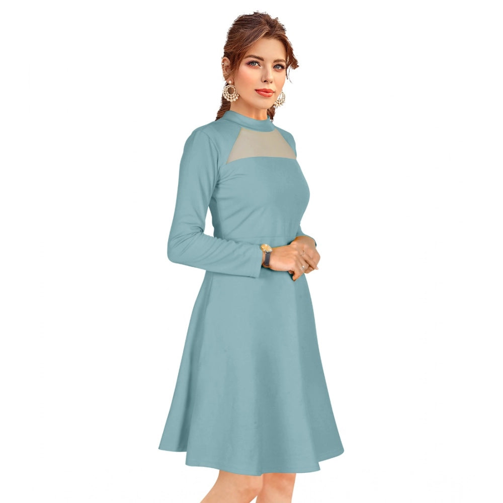 Generic Women's Knitting stretchable Solid Round Neck Full Sleeve Dress (Pista)