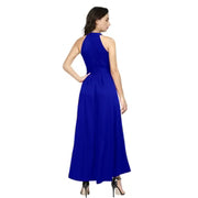 Women's Blue Polyster Solid Halter Neck Sleeveless Dress