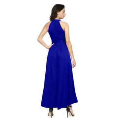 Women's Blue Polyster Solid Halter Neck Sleeveless Dress