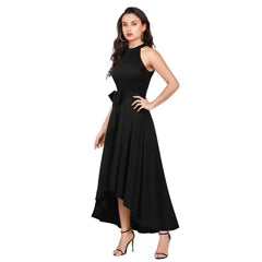 Women's Black Polyster Solid Halter Neck Sleeveless Dress