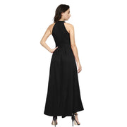 Women's Black Polyster Solid Halter Neck Sleeveless Dress