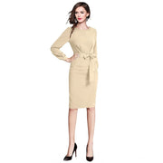 Women's Knitting stretchable Solid Round Neck Full Sleeve Dress (Beige)