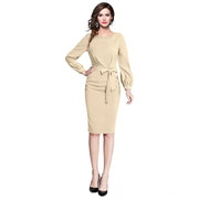 Women's Knitting stretchable Solid Round Neck Full Sleeve Dress (Beige)