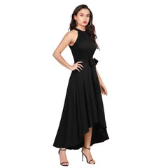Women's Black Polyster Solid Halter Neck Sleeveless Dress