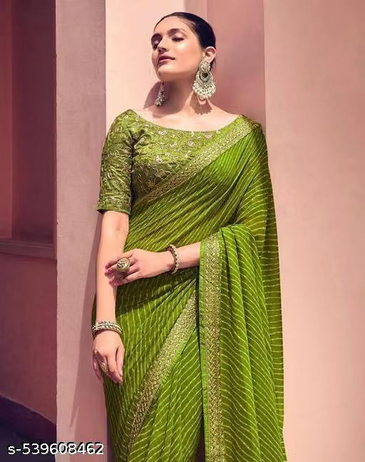 Bandhani Printed saree with Banarasi Lace Border and with unstitched blouse piece New Arrival Latest Georgette Printed Saree Fancy Women's Designer Saree Trending Saree Bollywood Saree daily use saree, fancy saree, naye design of saree nai design of saree