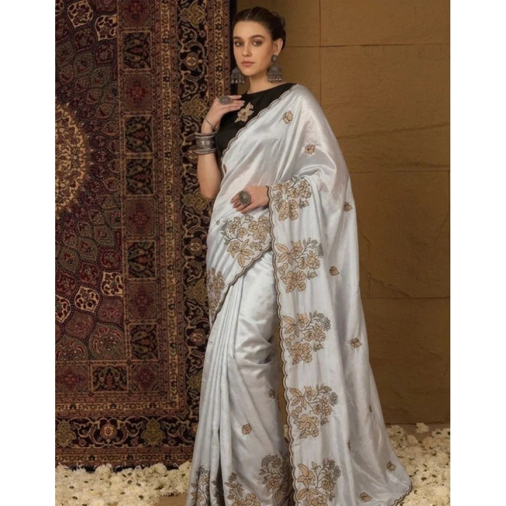 Women's Viscose Silk Embroidered Saree With Unstitched Blouse 5.5Mtr (Grey)