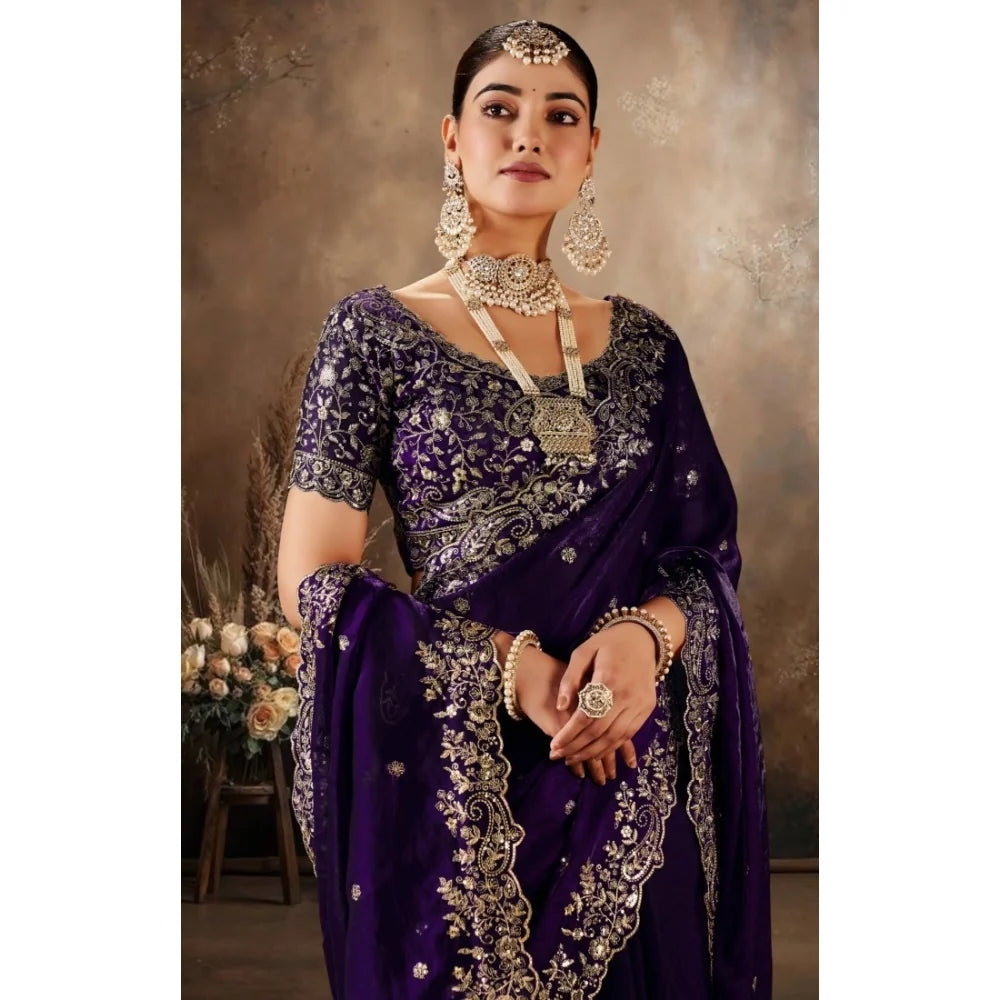 Women's Silk Embroidered Saree With Unstitched Blouse 5.5Mtr (Maroon)