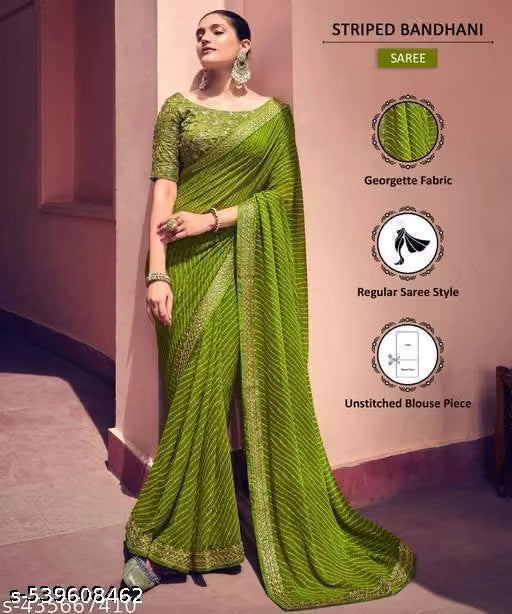 Bandhani Printed saree with Banarasi Lace Border and with unstitched blouse piece New Arrival Latest Georgette Printed Saree Fancy Women's Designer Saree Trending Saree Bollywood Saree daily use saree, fancy saree, naye design of saree nai design of saree