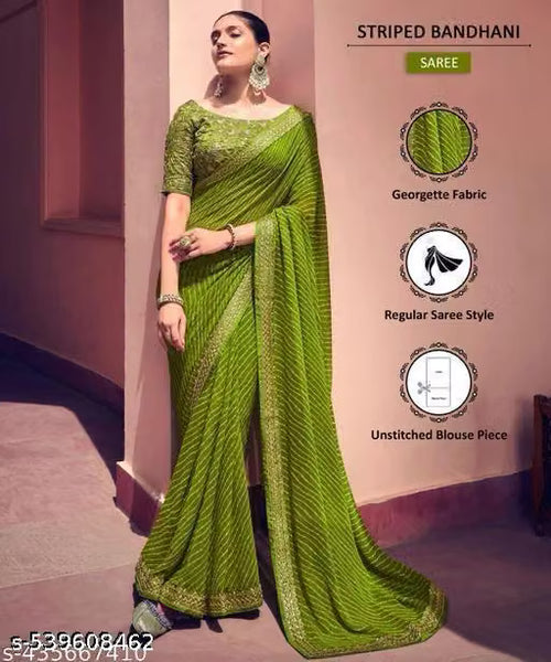 Bandhani Printed saree with Banarasi Lace Border and with unstitched blouse piece New Arrival Latest Georgette Printed Saree Fancy Women's Designer Saree Trending Saree Bollywood Saree daily use saree, fancy saree, naye design of saree nai design of saree